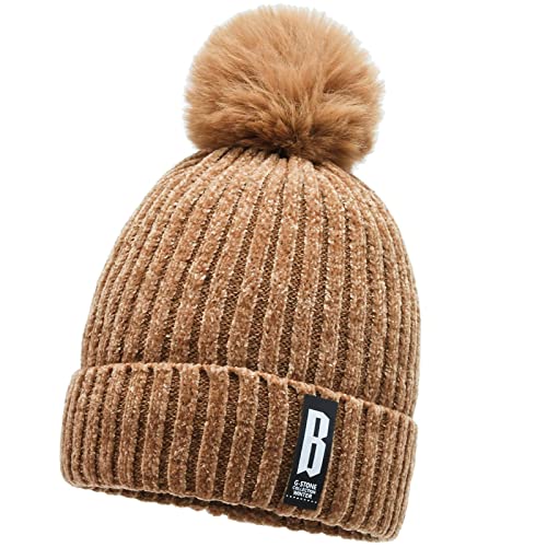 AKOFIC Wintermütze Damen, Warme Strickmütze Damen Mütze mit Kunstpelz Bommel, Strick Beanie Mütze Damen Winter Mütze Fleece Futter Bommelmütze für Snowboard Fahrrad (Khaki) von AKOFIC