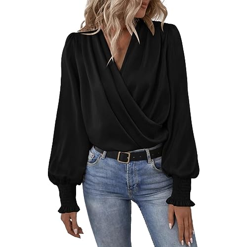 AKOMOWO 2024 Damen Blusen Elegant Satin Wickelbluse Puffärmel Seidenbluse Shirt Tunika Arbeitsblusen Tops, Schwarz , M von AKOMOWO