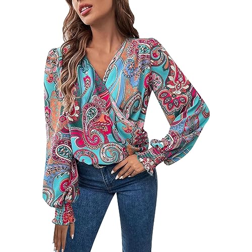 AKOMOWO 2024 Damen Blusen Elegant Satin Wickelbluse Puffärmel Seidenbluse Shirt Tunika Arbeitsblusen Tops, grün, Large von AKOMOWO