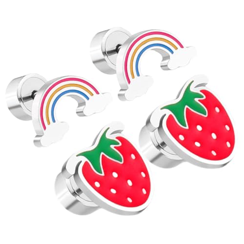 AKOOSY 2 Paare Kinderohrringe Set Erdbeer und Regenbogen Ohrstecker für Mädchen Hypoallergen Süßes Design Leicht Kombinierbar für Teenager zu Party und Festen von AKOOSY