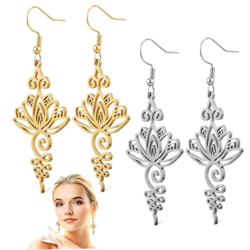 AKOOSY 2 Paare Lotusblüten Ohrringe Damen Hängend Blumen Schmuck Leicht Elegant Vielseitig für Teenager und Frauen in Gold Silber von AKOOSY
