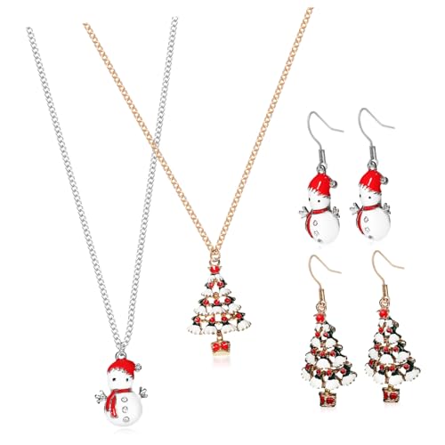 AKOOSY 2 Satz Weihnachtliches Schmuckset für Mädchen mit Funkelnden Strass Ohrringen und Passender Halskette Einzigartige Schneemann und Tannenbaum Designs Filigrane Verarbeitung für von AKOOSY
