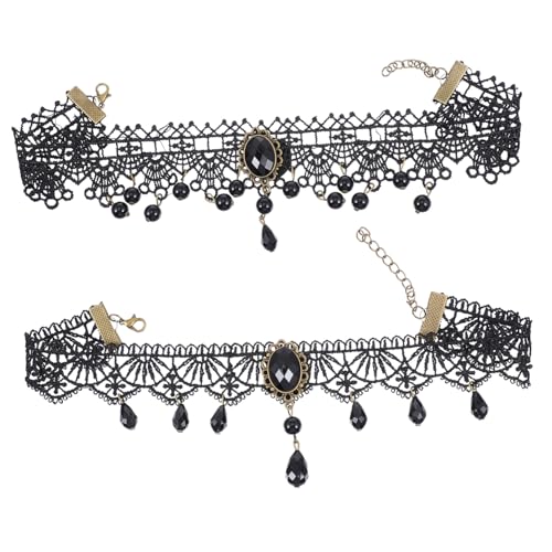 AKOOSY 2 Stück Schwarze Spitzenkette Verstellbar Punk Gothic Halsketten mit Metallverzierung Komfortabel und Stilvoll für Alltag und Fotoshooting von AKOOSY