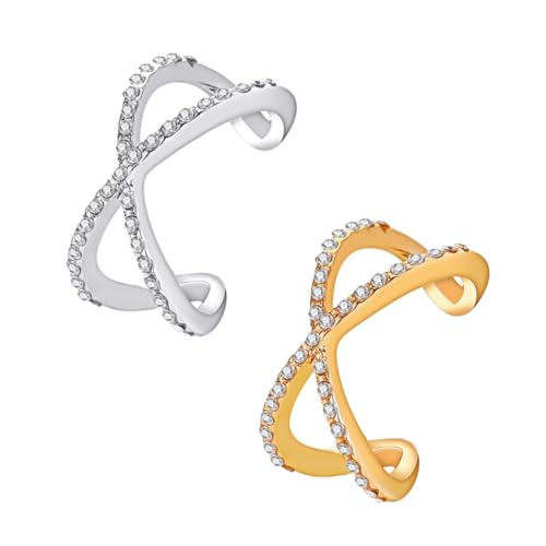 AKOOSY 2 Stück Verstellbare Damenringe mit Doppel Kreuzdesign Schmuckringe mit Funkelnden Strasssteinen Verstellbare Fingerringe für Alltag und Festlichkeiten von AKOOSY