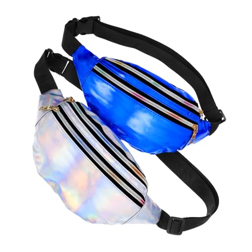 AKOOSY 2 Stück Vintage Holographische Bauchtasche Damen mit Verstellbarem Gürtel Multifunktionale Hüfttasche für Party Reisen Jogging Wandern Große Kapazität Bauchtasche Metallic Silber von AKOOSY