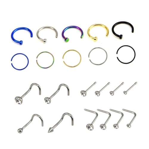 AKOOSY 22 Stück Teiliges Edelstahl Nasenring für Frauen Hautfreundlich Poliert Vielseitig Tragbar als Täglicher Körperschmuck Inklusive C Förmiger und Form Piercings Sicher und Langlebig von AKOOSY
