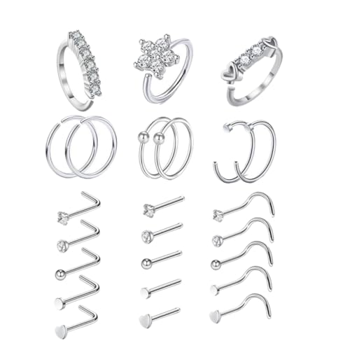 AKOOSY 24 Stück Teiliges Nasenpiercing Edelstahl mit Funkelnden Zirkonia nasensteckern Modische Körperpiercing schmuckstücke für Damen und Mädchen Vielfältige Designs für Individuellen von AKOOSY
