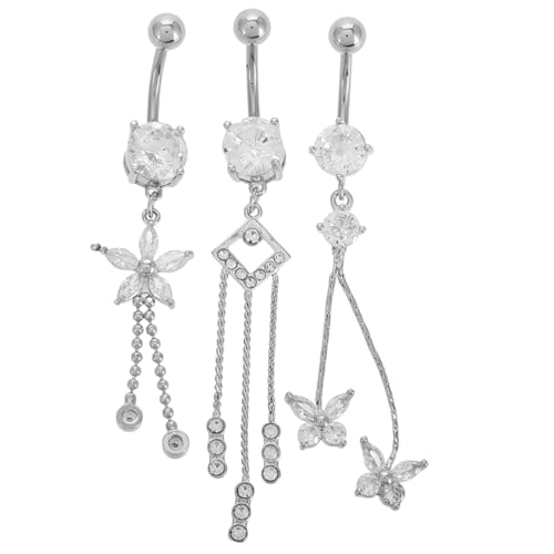 AKOOSY 3 Stück Bauchnabelpiercing Teiliges Bauchschmuck mit Schmetterling und Blumen Anhänger Langer Dangle Bauchnabelring für Damen Modisches Piercing Schmuck von AKOOSY