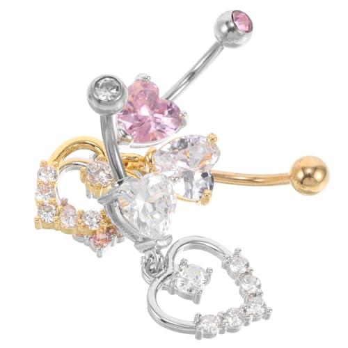 AKOOSY 3 Stück Teiliges Bauchnabelpiercing Herz Anhänger Dangle Nabelring Kupfer mit Zirkonia in Silber und Gold Modischer Körperschmuck für Damen Komfortabel und Langlebig von AKOOSY