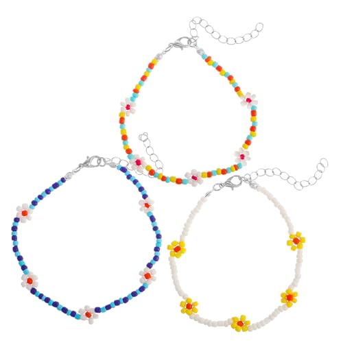 AKOOSY 3 Stück Urlaub Reisperlen Fußkette Strandarmband Schmuck Blumen Fußkettchen Armband Perlen Fußkettchen Boho Fußkettchen Armband Knöchelarmband Bunte Perlenarmbänder Perlen von AKOOSY