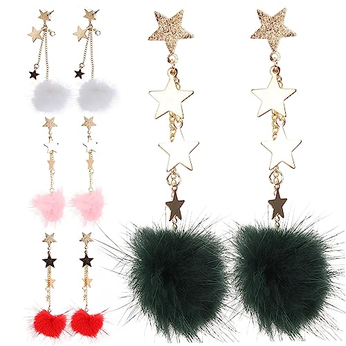 AKOOSY 4 Paare Damen Ohrringe mit Fellbommel und Fünfzackigen Sternen Tropfen Designs in Weiß Rot Grün und Rosa Vielseitige Ohrhänger für Frauen und Mädchen Eleganter für Alltag und von AKOOSY