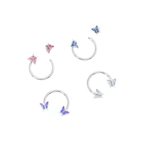 AKOOSY 4 Stück Teiliges Edelstahl Pferdehufe Creolen Ohrringe mit Schmetterlingsdesign Modische Piercing Ohrschmuck Damen Langlebig und Hautfreundlich in Weiß Rosa von AKOOSY