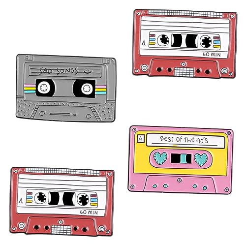 AKOOSY 4 Stück Teiliges Vintage Cassette Tape Broschen Legierungs Anstecknadeln mit Retro Kassette Design Cartoon Corsage Pins für Damen und Langlebige Schmuckaccessoires von AKOOSY