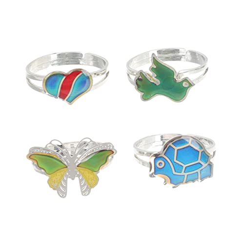 AKOOSY 4 Stück Verstellbare Stimmungsringe für Mädchen und Frauen Farbwechsel Cartoon Tiermotive Leichte Metallringe Stimmungsabhängiger Farbwechsel Modischer Fingerring Zufällige Farbe von AKOOSY