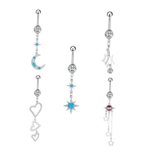 AKOOSY 5 Stück Teiliges Bauchnabelpiercing aus Chirurgischem Metall mit Zirkonia Lang Hängende Bauchnabelringe Modische Körperschmuck für Damen Rostfrei Elegantes Design für Party und von AKOOSY