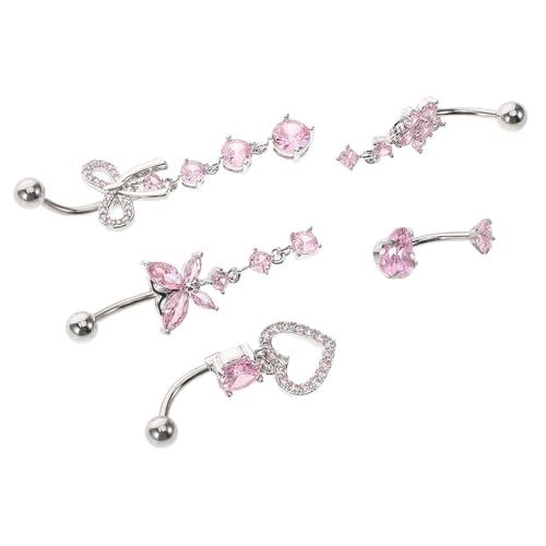 AKOOSY 5 Stück Teiliges Bauchnabelpiercing für Frauen Drehbare Edelstahl Ringe mit Herzanhänger Kleiner Bauchnabel Schmuck Sicherer Sitz Modisch für Strand und Poolpartys von AKOOSY