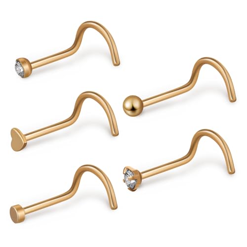 AKOOSY 5 Stück Teiliges Nasenpiercing aus Edelstahl Herzförmige und Förmige Nasenringe mit Korkenzieher Design Komfortabel und Vielseitig für Damen für Alltag Party und Hochzeit von AKOOSY