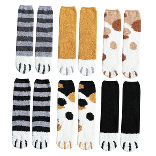 AKOOSY 6 Paare Kuschelige Katzenpfoten Socken Damen Flauschige Korallenfleece Bettsocken Mittelgroß Warm Für Alltag und Schlafzimmer Gemischte Designs von AKOOSY