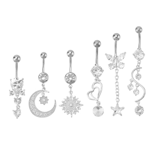 AKOOSY 6 Stück Teiliges Bauchnabelpiercing aus Edelstahl mit Zirkonia Modische Nabelringe für Damen Langlebiger Körperschmuck für Festival Party und Tanz Stilvolle Bauchnabel Dekoration von AKOOSY