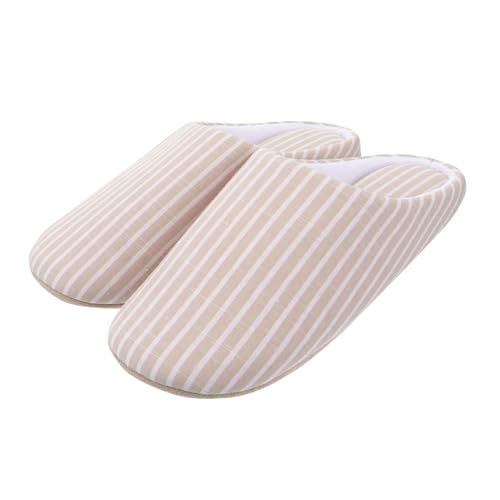 AKOOSY Beige Gestreifte Leichte Flauschige Hausschuhe für Damen und Herren Weiche Baumwollpantoffeln Atmungsaktiv Warm Rutschfest Geeignet für Herbst und Winter S von AKOOSY