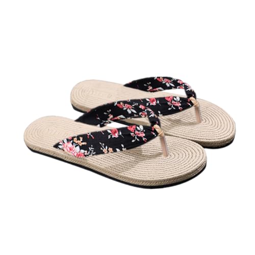 AKOOSY Bequeme Damen Flip flops mit Flacher Sohle Bedruckte Strand Sandalen aus Imitationsstroh Rutschfeste Gummisohlen Sommerliche Freizeit Pantoletten von AKOOSY