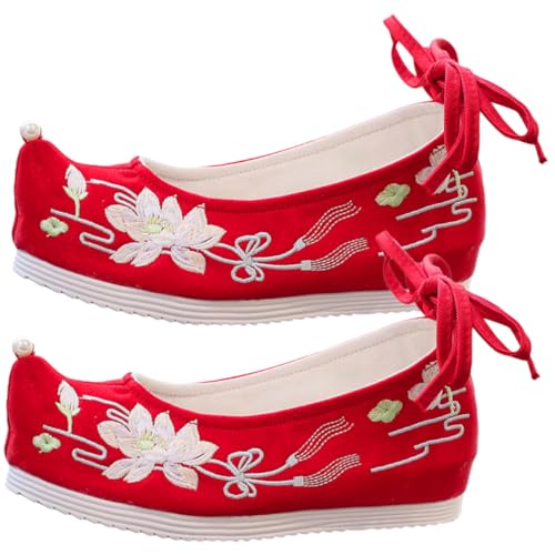AKOOSY Bestickte Chinesische Stoffschuhe Damen Ethnostil Leichtgewicht Wedges Frühling Sommer Retro Hanfu Schuhe Rot als Geschenk für Familie und Freunde von AKOOSY