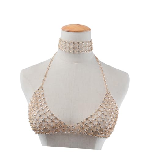 AKOOSY Body Chain Damen Glänzende Strass Brustkette Körperkette Schmuck Accessoire für Strand Party Club Goldfarben von AKOOSY