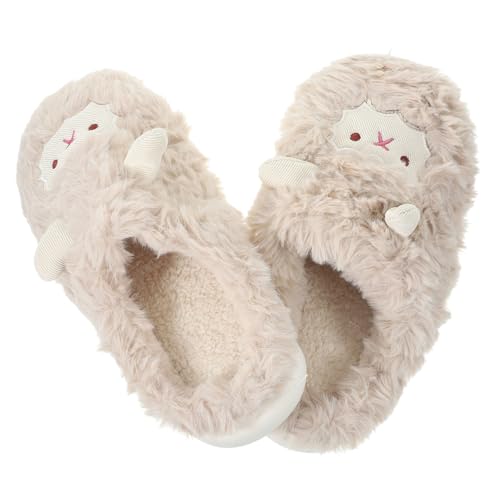 AKOOSY Cartoon Hausschuhe Erwachsene Dicke Baumwollpantoffeln mit Weichem Plüsch Rutschfeste Sohlen Warme Winterpantoffeln mit Niedlichem Lamm design Bequeme Innenhausschuhe für Herbst von AKOOSY