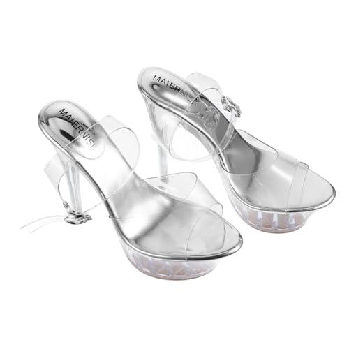 AKOOSY Chic Transparente High Heels Sandaletten Damen Plateau Sandalen aus PVC und Gummi Leicht und Atmungsaktiv Modisch Vielseitig Kombinierbar Sommer Damenschuhe Absatz Silber von AKOOSY