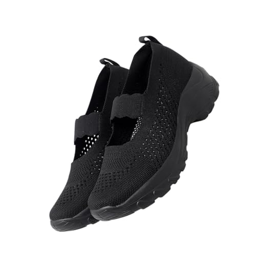 AKOOSY Damen Freizeit Sneaker mit Dicker Sohle Atmungsaktives Mesh rutschfeste Laufsohle Leichter Gehkomfort Stabile Fersenkonstruktion Schwarz Strapazierfähiges Material von AKOOSY