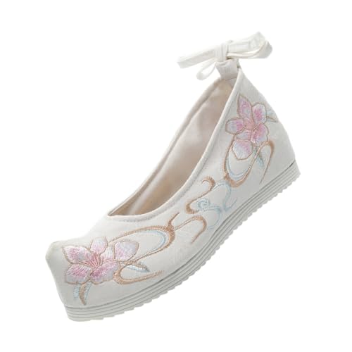 AKOOSY Damen Hanfu Tanzschuhe aus Seide mit Dicker Sohle Bestickte Chinesische Retro Kostümschuhe für Auftritte Stilvolle Weiße Performance Schuhe von AKOOSY