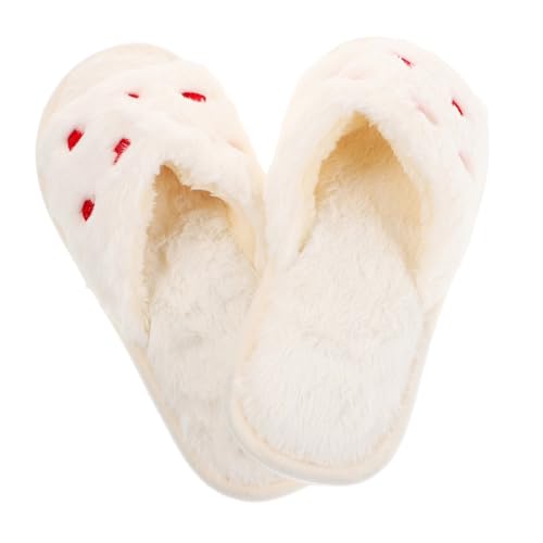 AKOOSY Damen Hausschuhe Weiß Plüsch Open Toe Rutschfest Haus Pantoffeln mit Herz Deko Für Indoor Outdoor Kuschelige Freizeit Slippers von AKOOSY