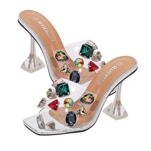 AKOOSY Damen High Heel Sandalen mit Rutschfester Sohle und Stabiler Absatz Outdoor Slippers mit Funkelnden Strasssteinen Bequeme Sommerschuhe für Looks Silberfarben von AKOOSY