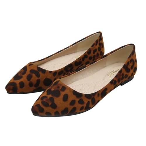 AKOOSY Schuhe Für Damen Mit Leopardenmuster Flache Schuhe Mit Spitzen Absätzen Einfache Ausziehschuhe Brauner Leopard von AKOOSY