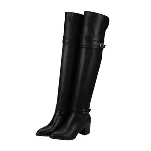 AKOOSY Damen Overknee Stiefel aus PU mit Hohem Absatz Rutschfeste Sohle Warm Gefüttert für Herbst Winter Knielange Schicke Long Boots in Schwarz von AKOOSY