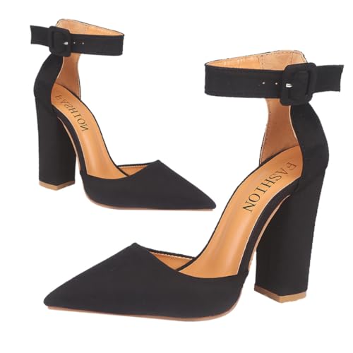 AKOOSY Damen Pumps mit Grobem Absatz und Spitz zulaufender Zehenpartie Verstellbarer Schnallenverschluss rutschfeste Sohle Stilvolle Damenschuhe für Frühling und Sommer Schwarz von AKOOSY