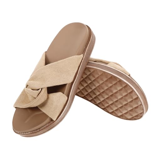 AKOOSY Damen Slippers Hawaii Stil Leichte Flache Sandalen mit Rutschfester Sohle Bequeme Modische Badeschuhe für Strand Freizeit und Sommer Beige von AKOOSY
