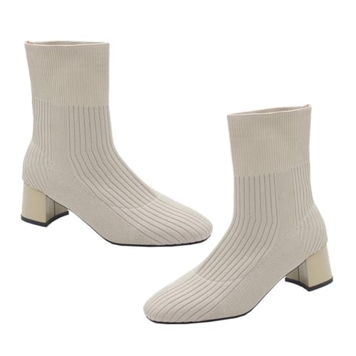 AKOOSY Damen Strickstiefeletten mit Grobem Absatz Gewebtes Obermaterial Bequeme Stabile Herbst boots Modische Kurzschaft Schuhe für Frauen Leichte Langlebige Damenstiefel von AKOOSY