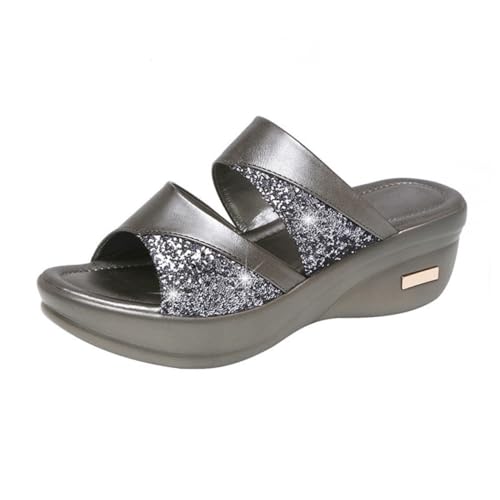 AKOOSY Damen Wedges Slipper Sommer Sandalen mit Dicker Keilsohle Stilvolle Fischmaul Graue Outdoor und Freizeitschuhe und Langlebig von AKOOSY