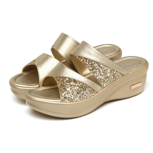 AKOOSY Damen Wedgesandalen mit Dicker Keilsohle Sommerliche Bequeme Fischmaul Outdoor Slipper Leichte Pantoletten für Freizeit und Strand Gold Rutschfest Langlebig von AKOOSY