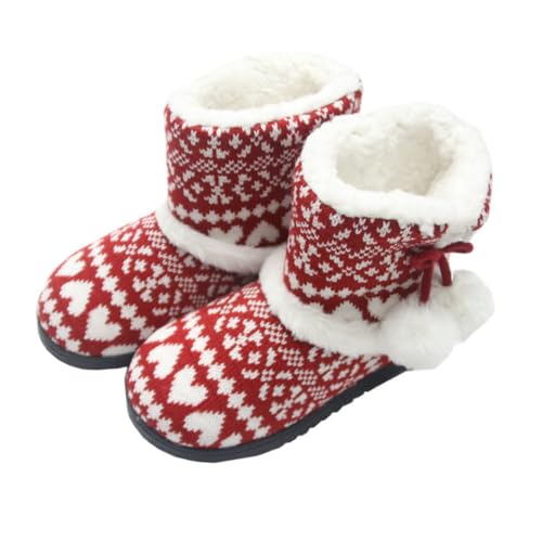 AKOOSY Damen Winter Hausschuhe mit Dickem Profilsohle Warmes Plüschfutter Rutschfest Baumwolle Rot Gemütliche Innen schuhe für Kalte Tage von AKOOSY