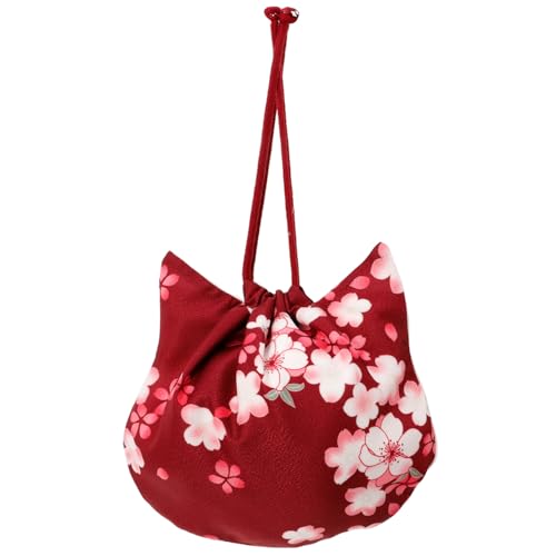 AKOOSY Drawstring Purse Damen Handtasche Katzenkopf Design Stoffbeutel Robust Alltagstasche für Kleine Gegenstände Stilvolle Tote Bag Weinrot von AKOOSY