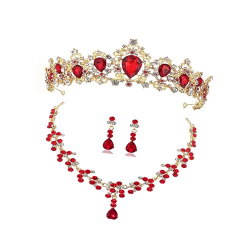 AKOOSY Elegantes Brautschmuck Set mit Diadem Halskette und Ohrringen Strassbesetzt Modisches Party und Hochzeits Accessoire für Frauen Stilvoller Schmuck für Besondere Anlässe Rot von AKOOSY