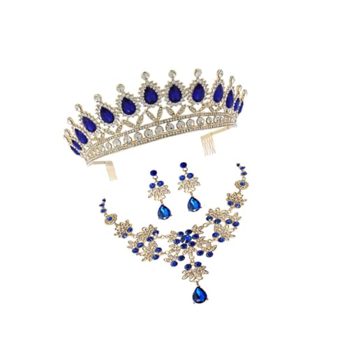 AKOOSY Elegantes Schmuckset Damen Krone Halskette Ohrringe Set Hochzeit Brautschmuck Party Kostümaccessoire Blau für Frauen von AKOOSY