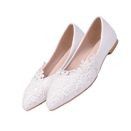 AKOOSY Flache Brautschuhe Damen Spitzen Hochzeitsschuhe mit Spitze Elegant für Hochzeit und Freizeit Weiß Komfortable Flache Damenschuhe für Brautkleid und Alltag von AKOOSY