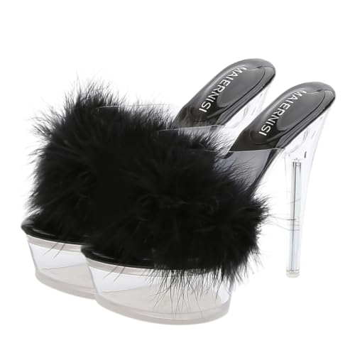 AKOOSY Fluffige Damen High Heel Sandaletten mit Weichem Fellbesatz Transparentem Absatz und Rutschfester Sohle Slipper für Alltag und Party Schwarz von AKOOSY