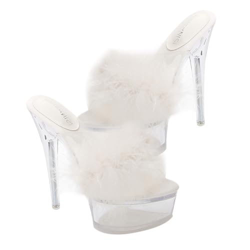 AKOOSY Fluffy High Heel Sandalen Damen Weiche Slipper mit Dünnem Absatz Modisch und Hautfreundlich für Party für Mädchen und Frauen Weiße Transparente Pumps von AKOOSY