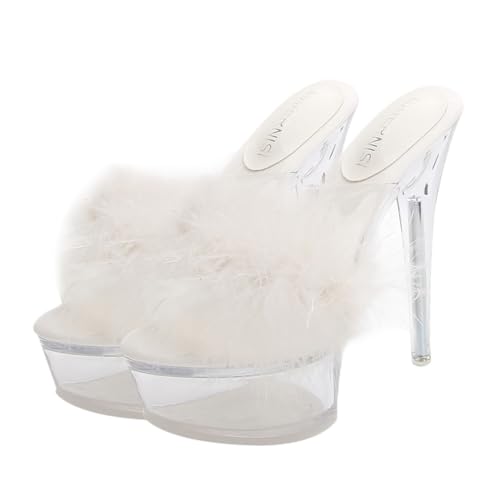 AKOOSY Fluffy High Heel Slippers Damen Hausschuhe Transparenter Absatz Modisch Komfortabel für Partys und Alltag Weiß AKOOSY Fluffy High Heel Slippers Damen Hausschuhe Transparenter Absatz Modisch Komfortabel für Partys und Alltag Weiß von AKOOSY
