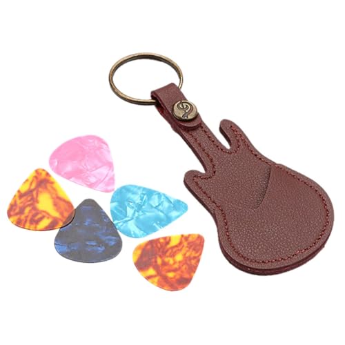 AKOOSY Gitarrenplektren Halter Tasche Braunrot PU Gitarrenform Kompakt Leicht Schlüsselanhänger Pick Organizer Schützend Präzises Greifen für Akustik Gitarre Bass Ukulele von AKOOSY