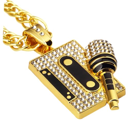 AKOOSY Goldene Hip Hop Halskette mit Mikrofon und Kassettenschmuck Robuste Rapper Kette für Damen und Herren Stylisches Statement Schmuckstück für Partys und Alltag von AKOOSY